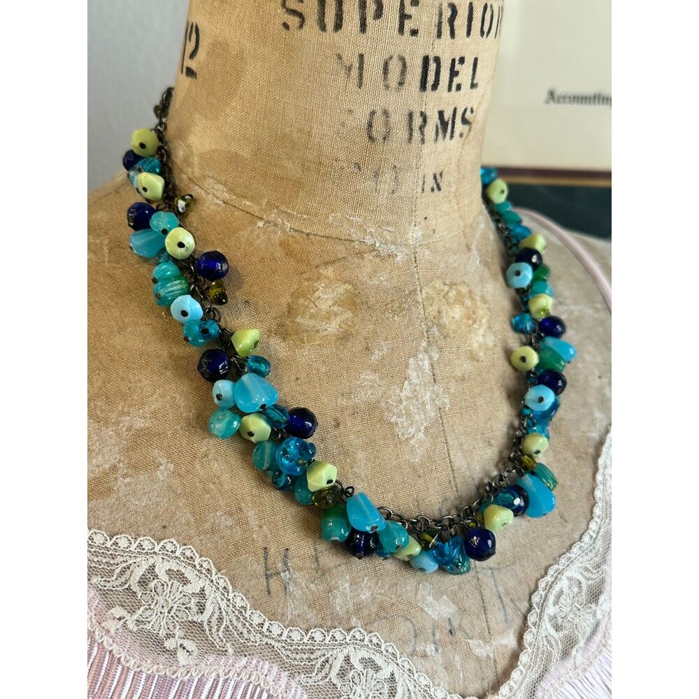 Laila Rowe Glass Bead Necklace Aqua Blue Green Artisan